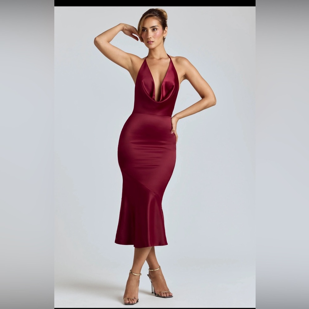 Cowl-Neck Satin Midaxi Dress in
Burgundy